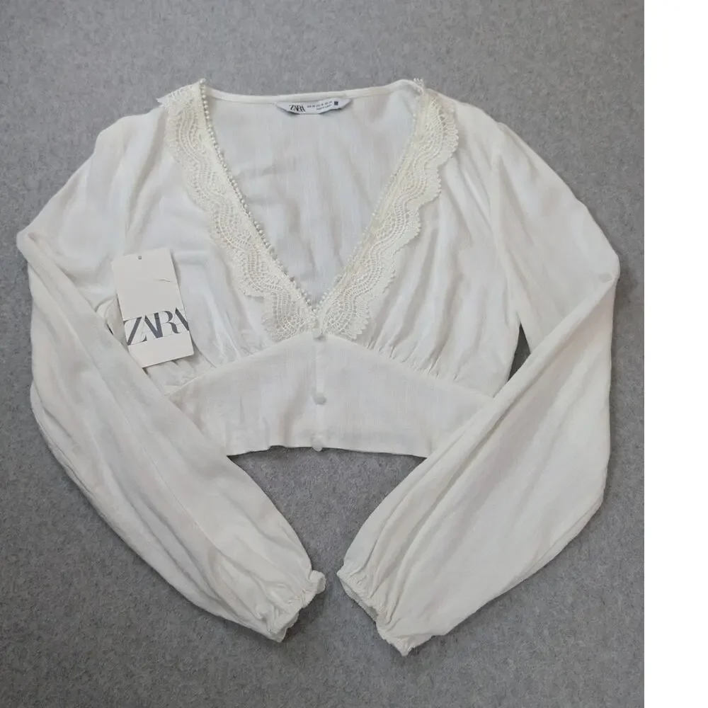 Zara Womens Crop Top Blouse Lace White XS Smocked Waist Long Sleeve Deep V-Neck